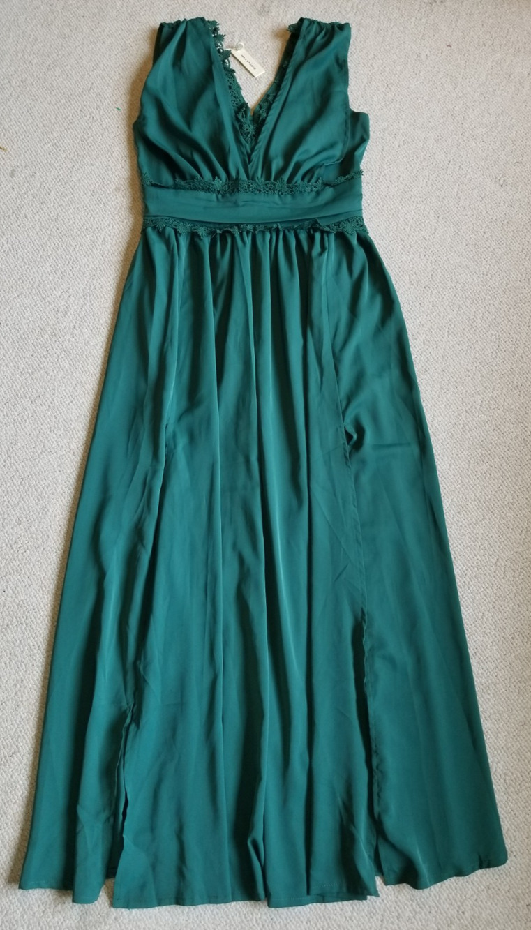NWT $138 Womens Dress-MAX STUDIO-green silky maxi lined lace trm Holiday Party-L